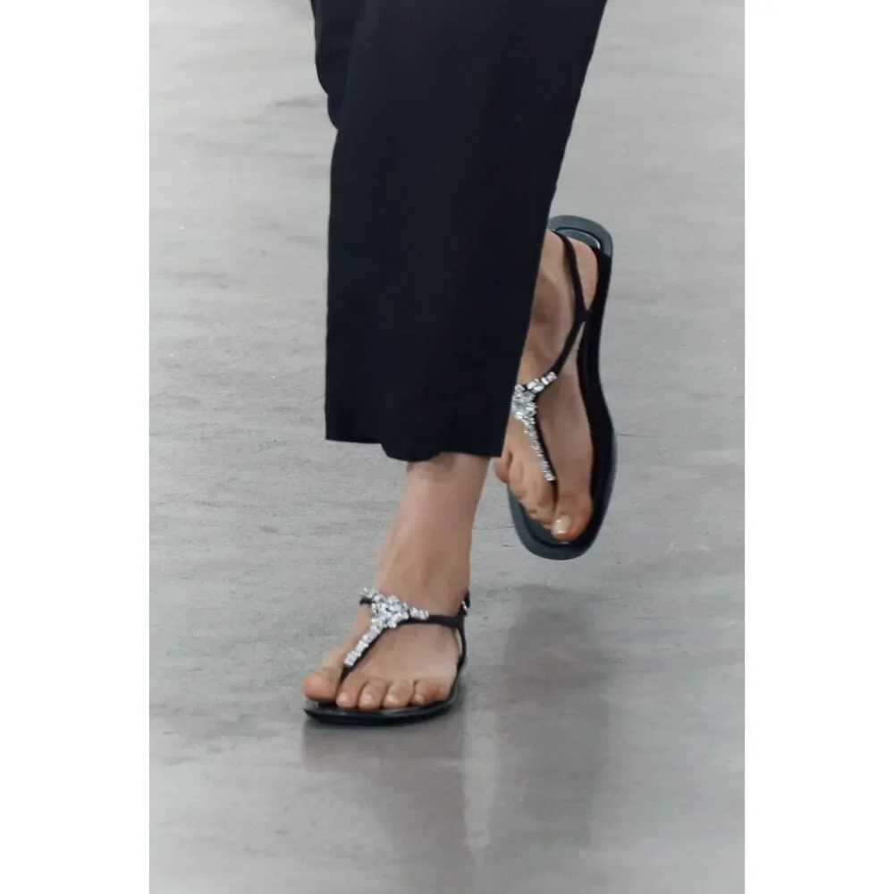 Black Zara Rhinestone Jewel Embellished Open-Toe Ankle Strap Flat Sandals (NWT) - Picture 3 of 8